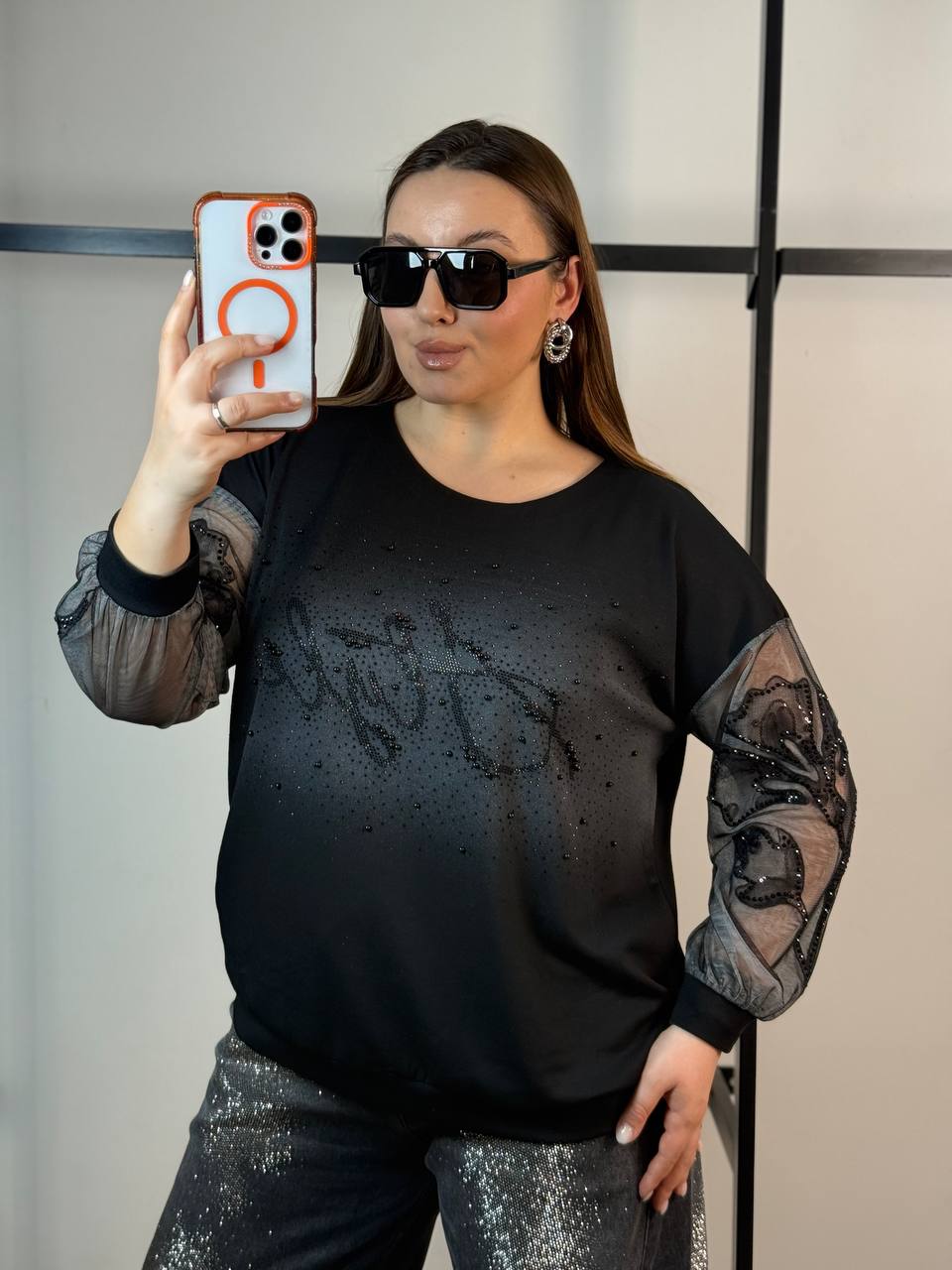 Midnight Glam Sheer Sleeve Top