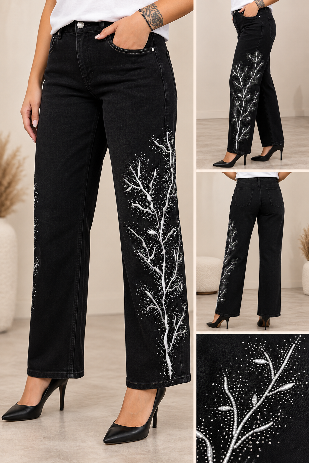 Black Wide-Leg Jeans with Silver Botanical Detail