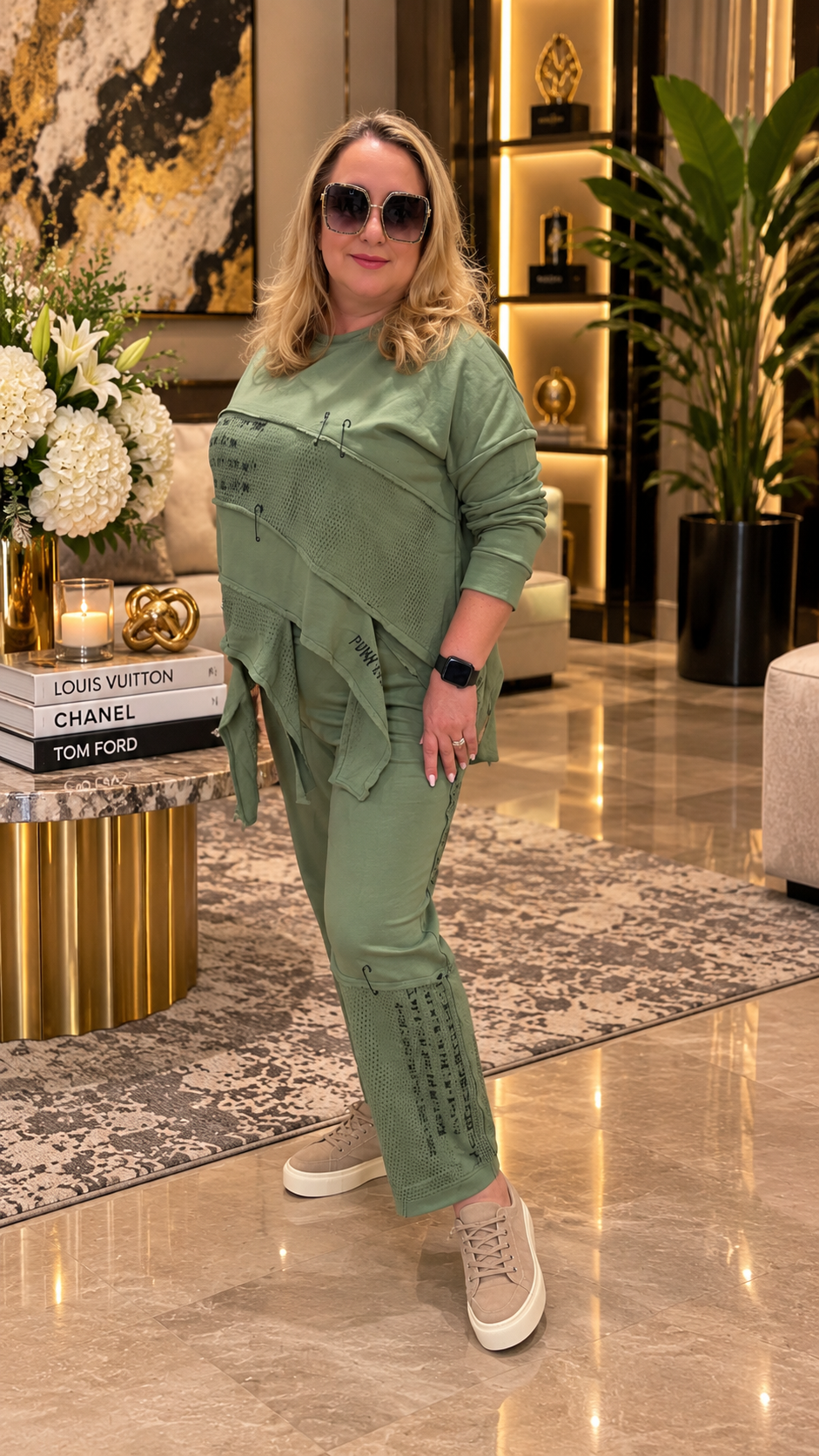 Sage Green Asymmetrical Mesh Detail Two-Piece Suit