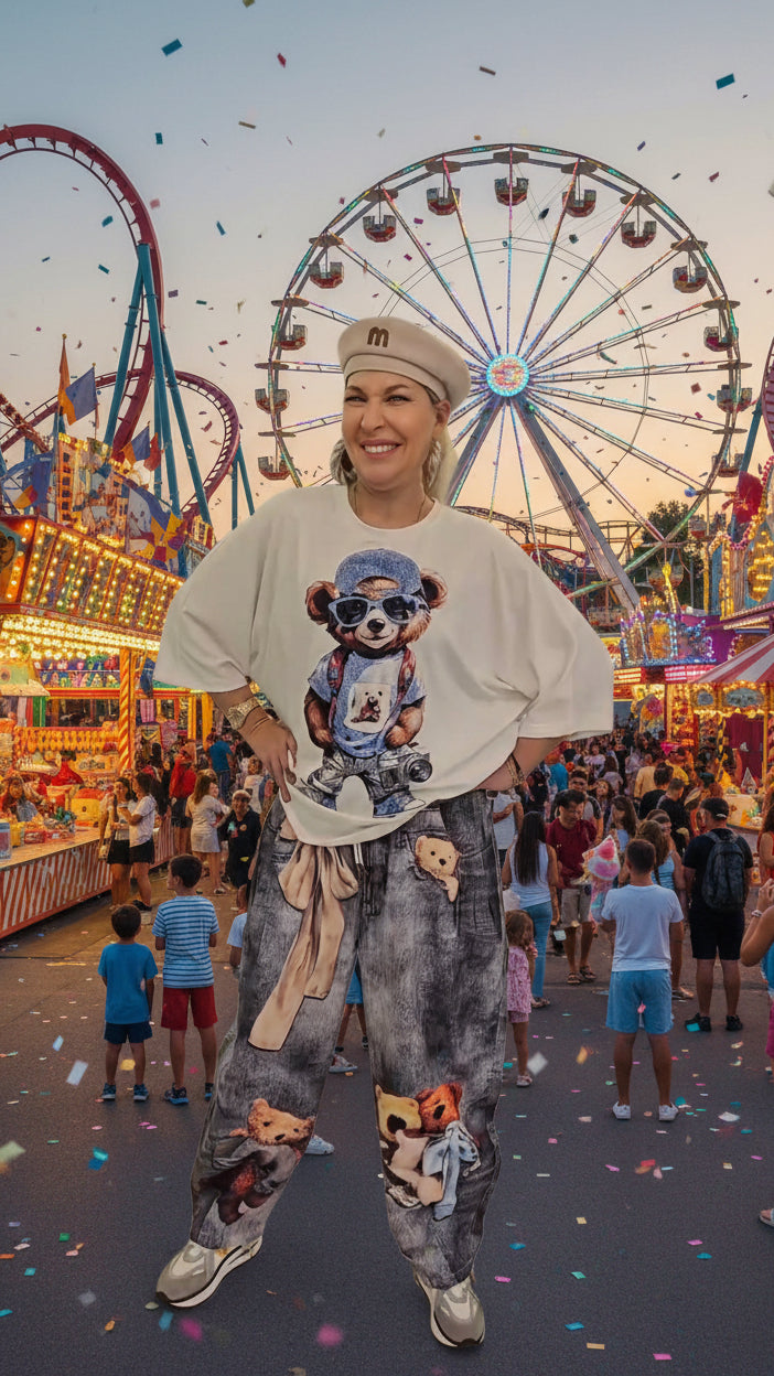 Playful Teddy Bear Patchwork Statement Pants – Relaxed Fit