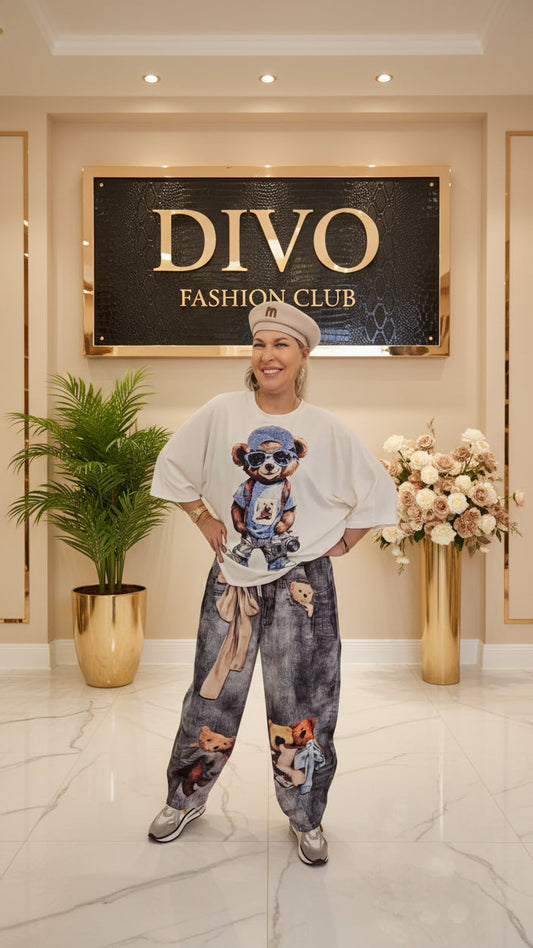 Playful Teddy Bear Patchwork Statement Pants – Relaxed Fit