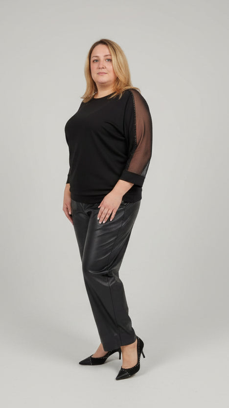 Black Sheer Mesh Sleeve Top – Elegant Plus Size Blouse