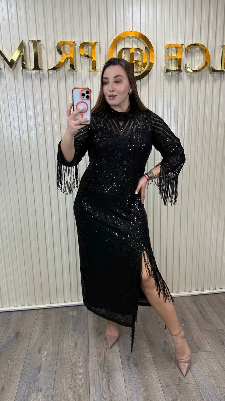 Riberance Glamorous Sequin Dress with Fringe Slit