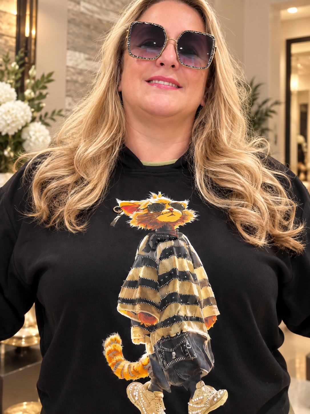 Black Graphic Sweatshirt with Embellished Cat Print