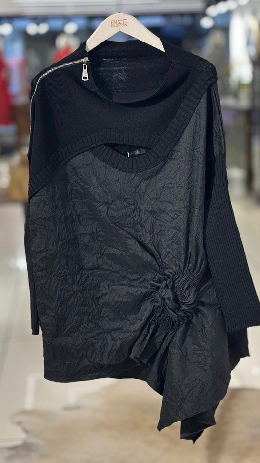 Bize Chic Tunic with Knitted Sleeves & Shoulder Zipper