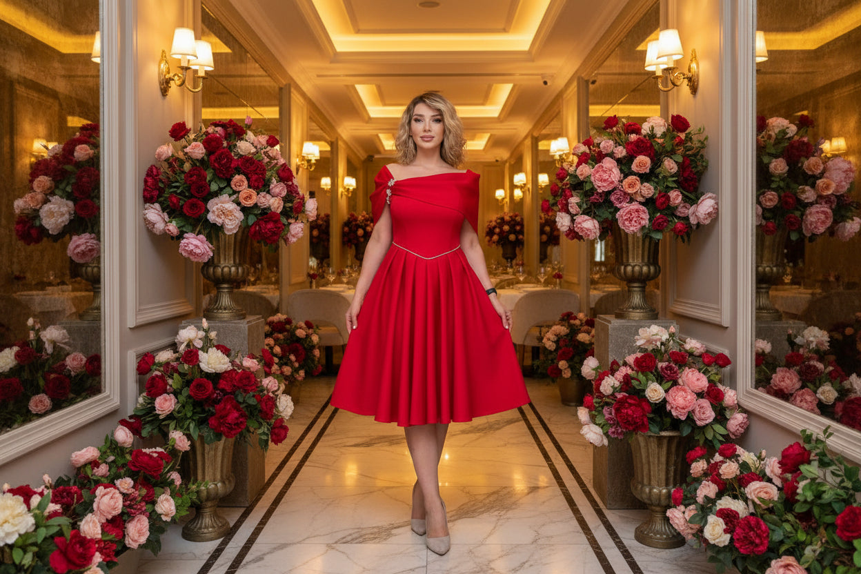 Elegant Plus Size Off-Shoulder Red Cocktail Dress with Pleated Skirt