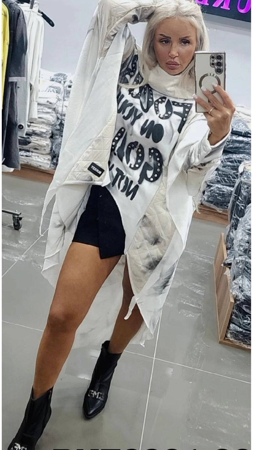 White Graphic Layered Tunic Top with Overlay & Statement Text