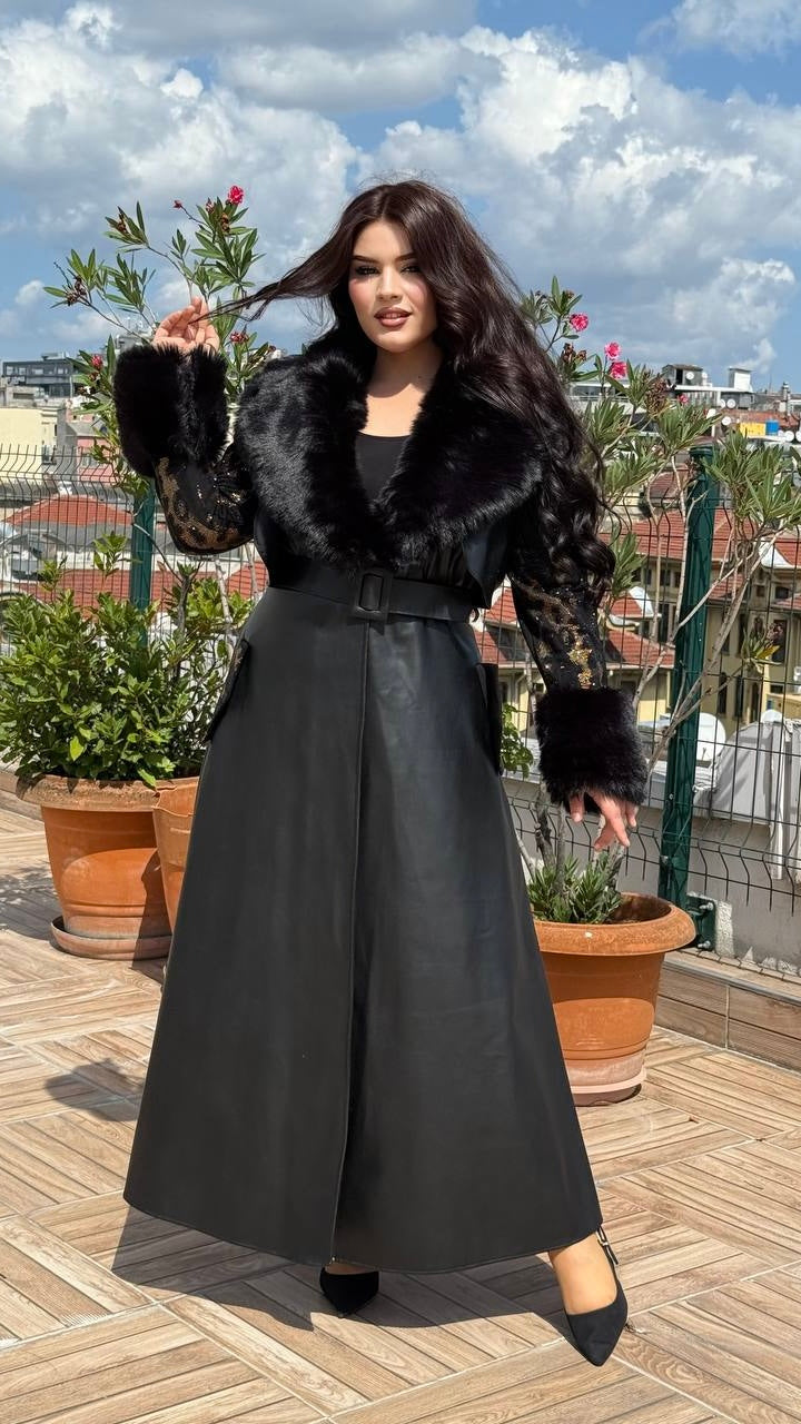 Vadi Eco Leather Coat with Lace Sleeves & Faux Fur