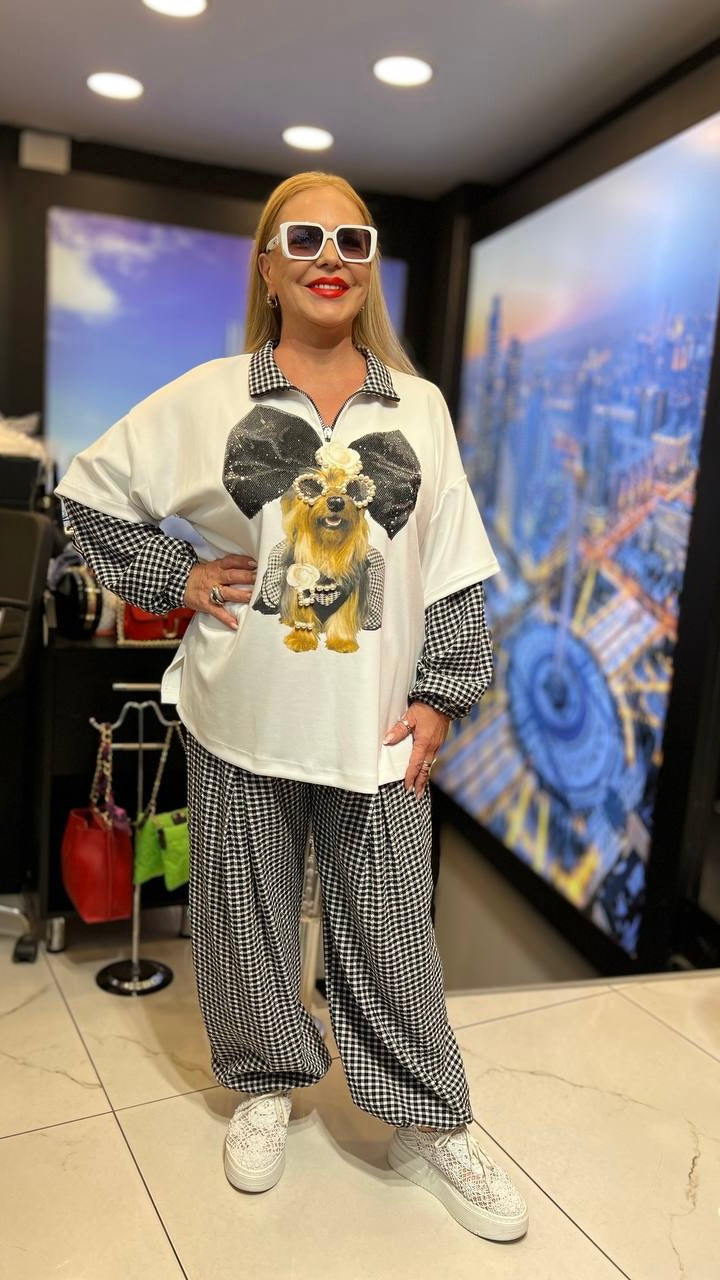 Plaid 2 Piece Suit with White T-Shirtand Yorkie design