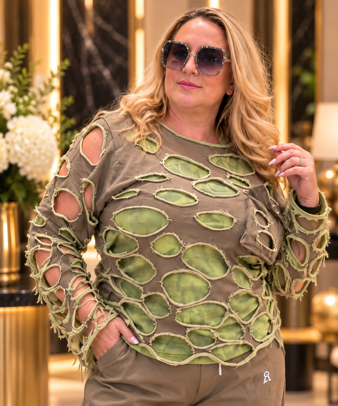 Olive Distressed Cutout Layering Top – Bold Statement Style