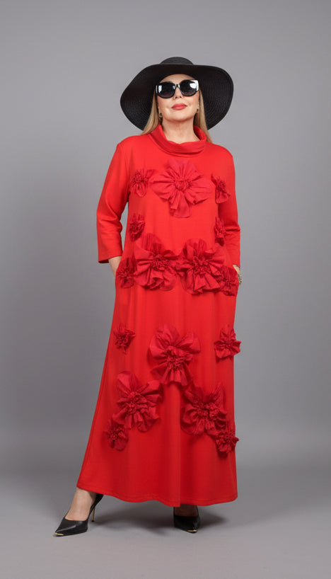 Izar Radiant Red Maxi Dress with Marvelous Flowers Design