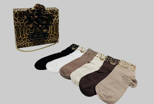 Leopard Gift Box with Floral Accent – 12 Pairs of Fashion Socks, Assorted Colors