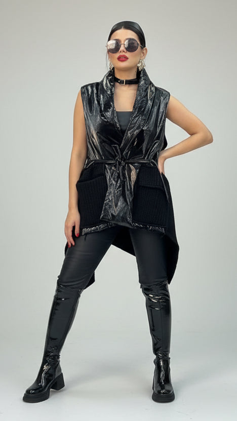 Metallic Sleeveless Belted Vest with Knit Panels – Avant-Garde Layering Piece
