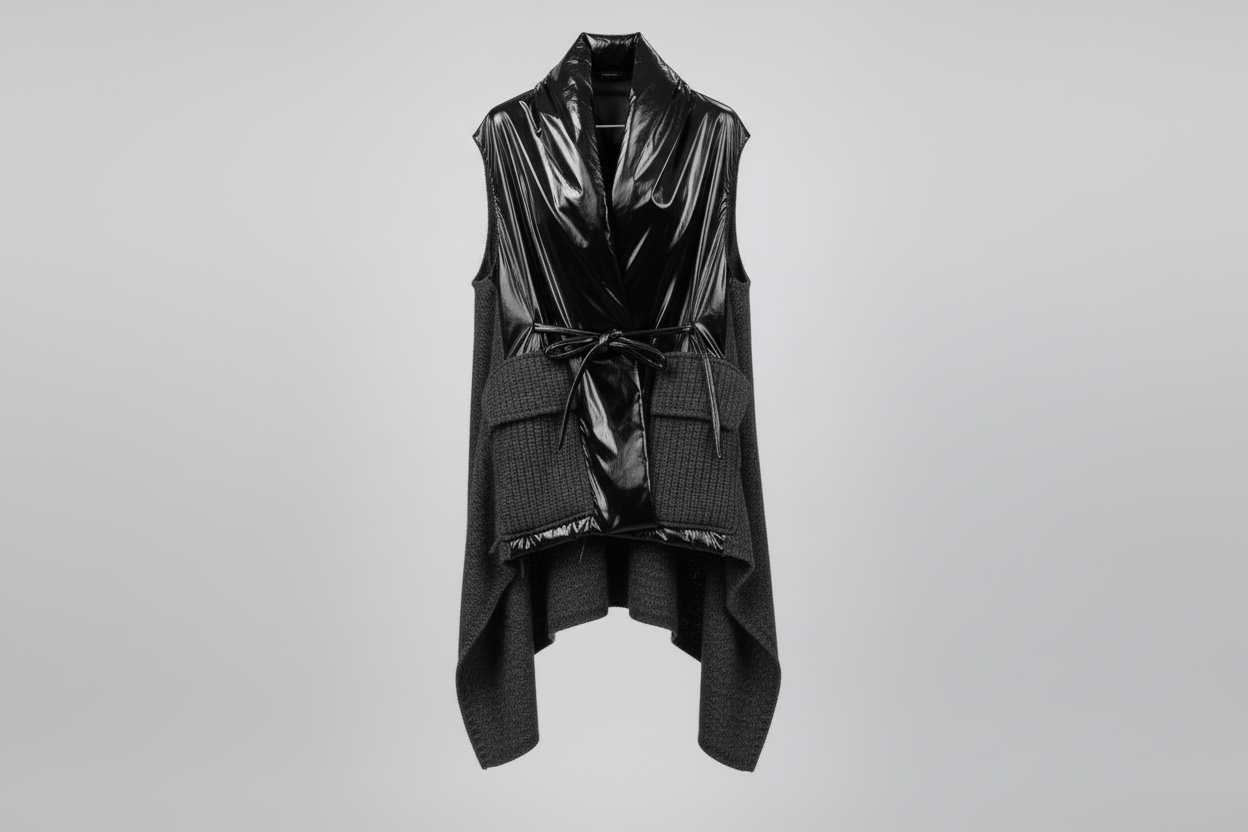 Metallic Sleeveless Belted Vest with Knit Panels – Avant-Garde Layering Piece