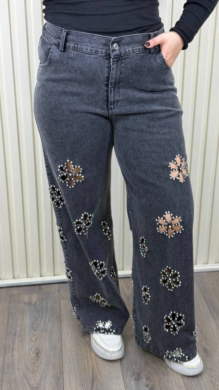 Midnight Bloom Rhinestone Cutout Jeans