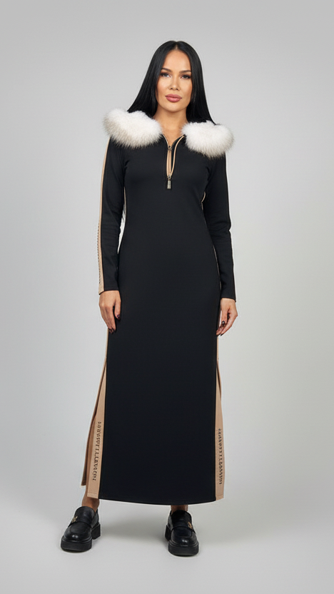 Plus Size Long Hooded Dress with Faux Fur Trim and Side Slits