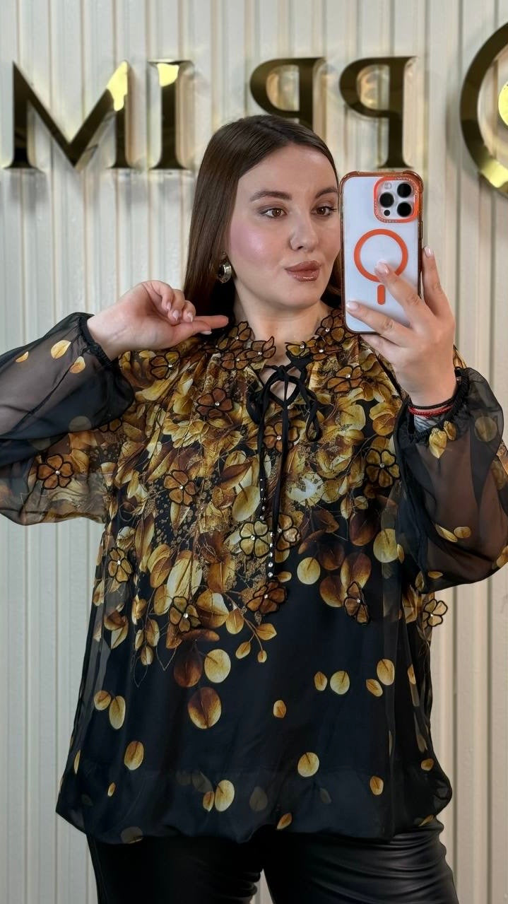 Riberance Sheer Black Blouse with Golden Floral Appliqué & Tie Neck Detail