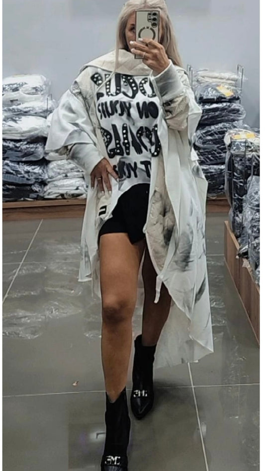 White Graphic Layered Tunic Top with Overlay & Statement Text