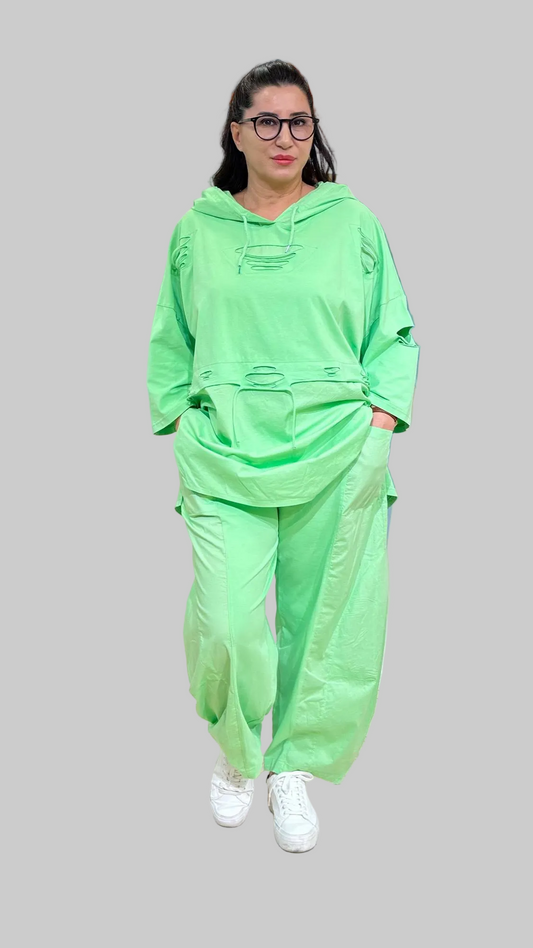 Neon Lime Oversized Distressed Hoodie & Wide-Leg Trouser Set